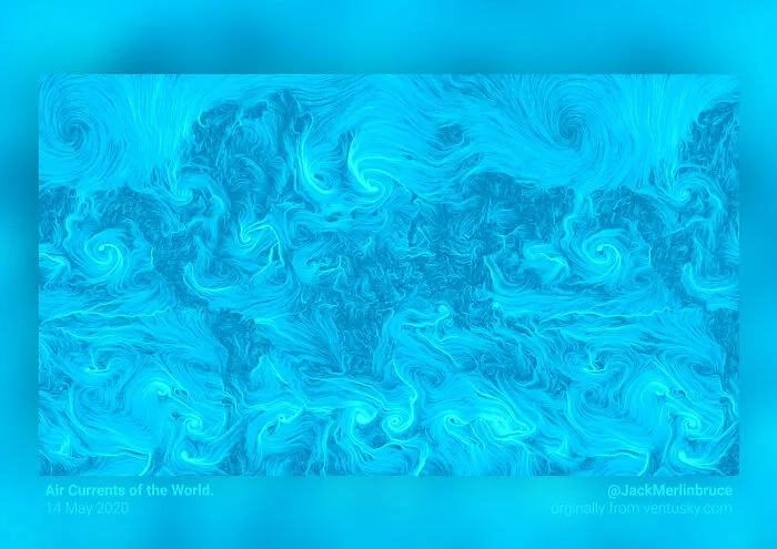 Mapa del mundo mostrando las corrientes de aire. Si te fijas se notan los bordes continentales