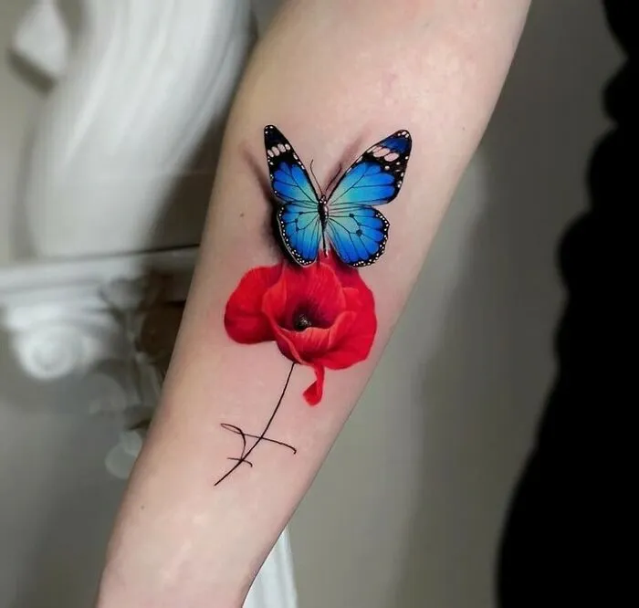 3D Butterfly With Flower Tattoo
