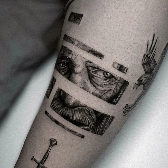Tattoo design featuring Lord of the Rings themes, showcasing a detailed portrait and eagle.
