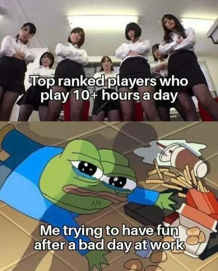 Gaming meme showing two contrasting images: top-ranked players above and a sad frog character below after work.