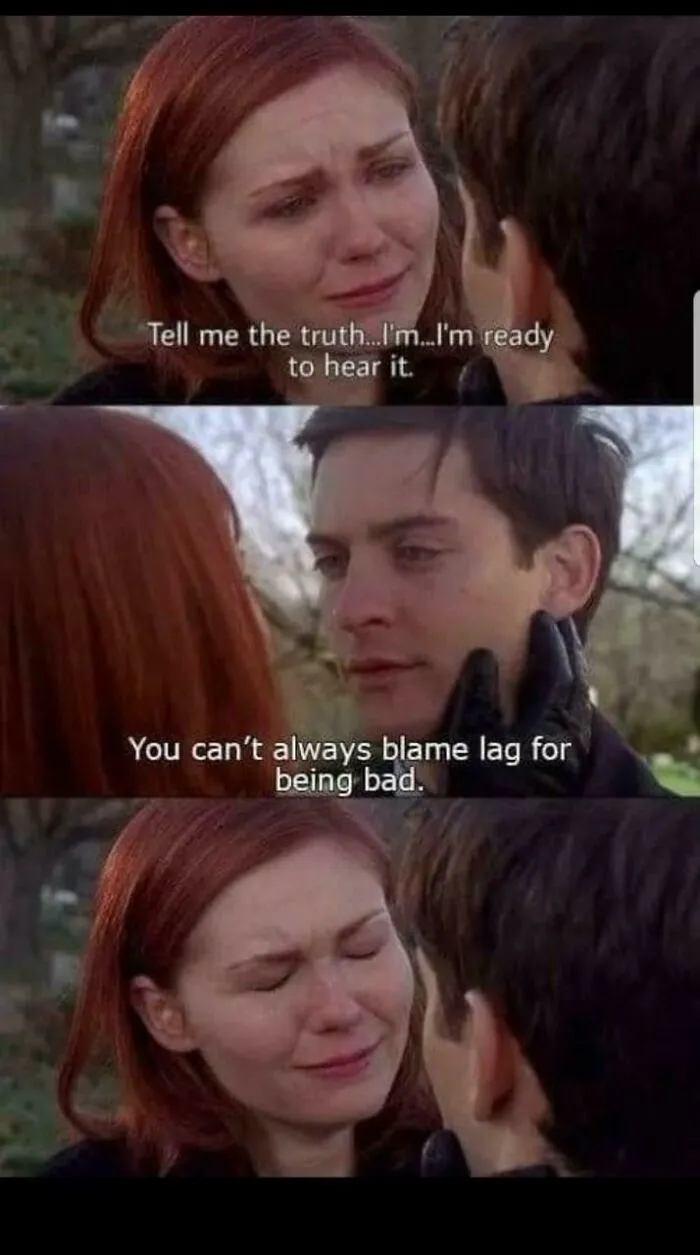 A tearful couple with captions about gaming lag, creating a relatable gaming meme.