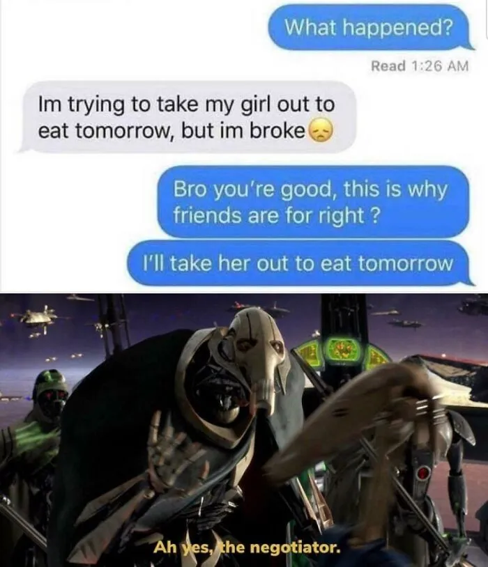 Friendship meme showcasing a humorous text exchange about taking a girl out to eat, illustrated with a 'negotiator' image.