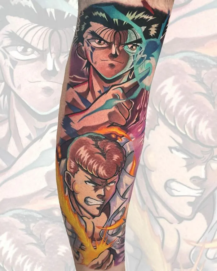 Vibrant anime tattoo featuring two intense characters in action, showcasing dynamic artwork and vivid colors.