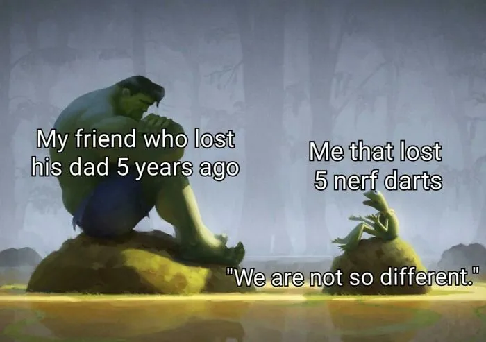 Green characters sitting on rocks, with humorous text about friendship losses.