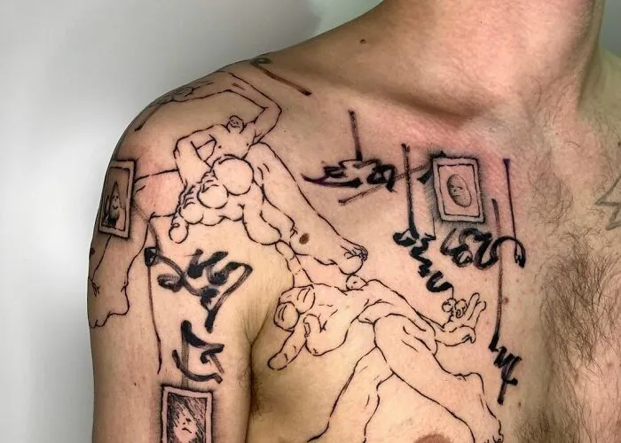 Collarbone tattoo featuring abstract figures and calligraphy, creating a unique and artistic design on the chest and shoulder.