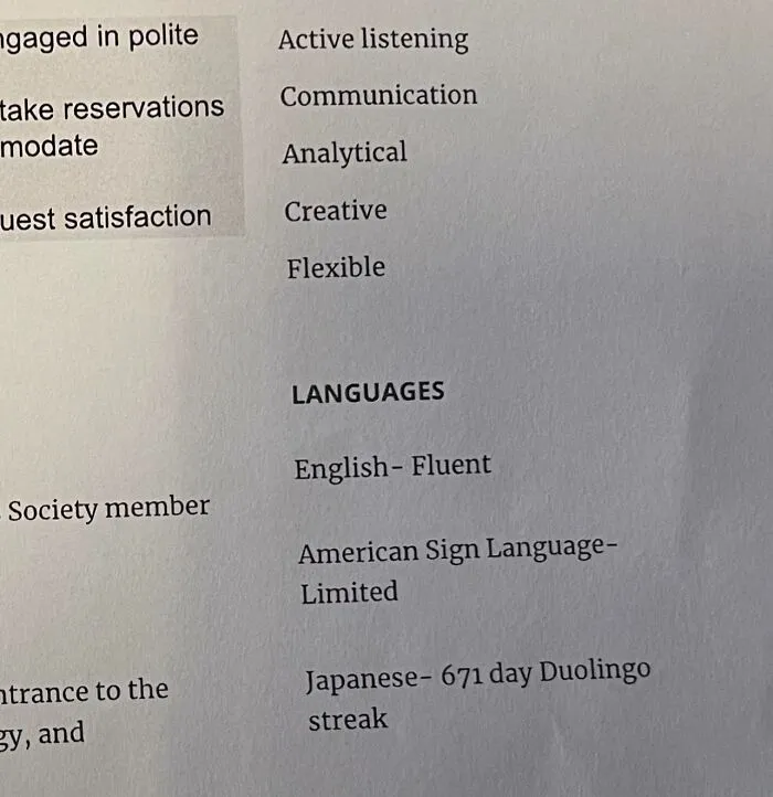 Someone Sent A Resume With Their Duolingo Streak Under "Languages"