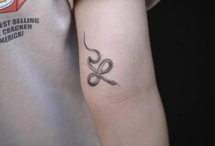 Infinity tattoo on forearm with snake design, symbolizing eternal creativity.