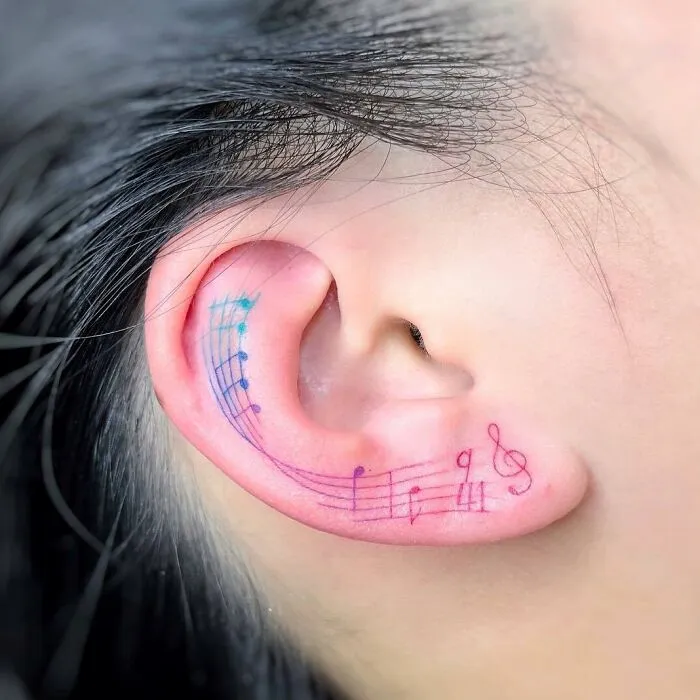 Colorful Music Notes On Ear Tattoo