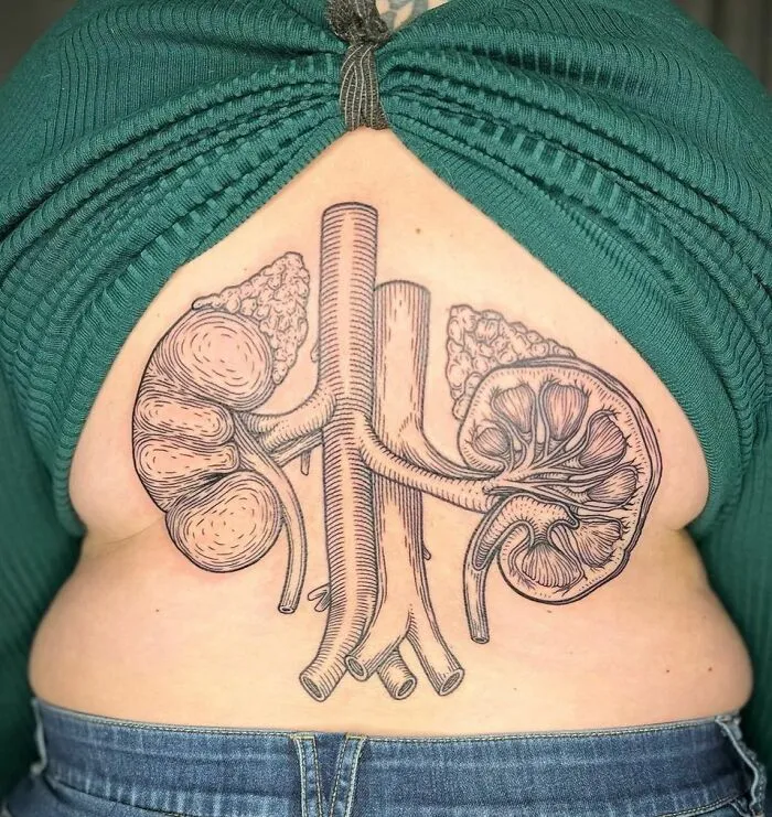Science tattoo featuring anatomical kidneys design on a person's back, under a green top.