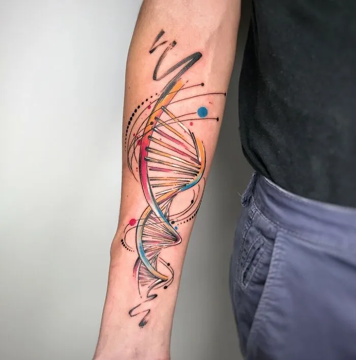 Colorful DNA science tattoo on forearm, showcasing intricate design and vibrant hues.