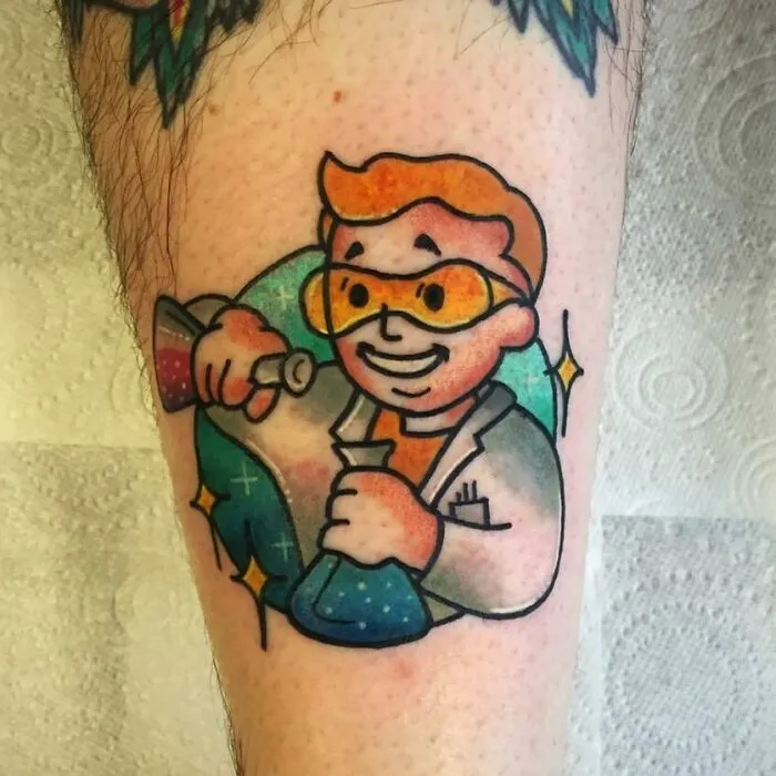 Cartoon scientist tattoo with test tubes, featuring vibrant colors for science enthusiasts.