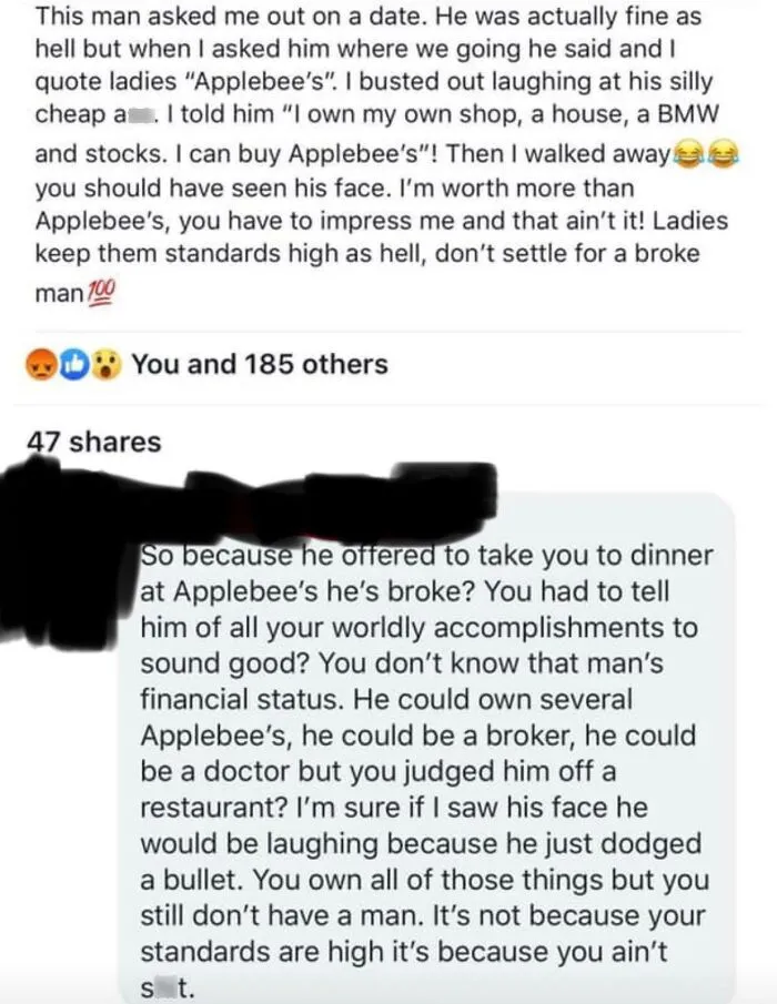 Rich Woman Dumping A Broke Man Due To Not Taking Her To A Fancy Restaurant, But An Applebees