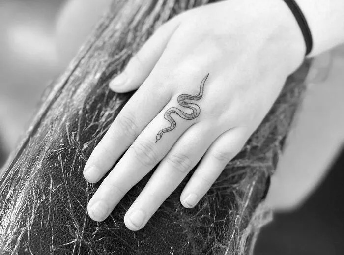A small snake tattoo elegantly designed on a person's hand.