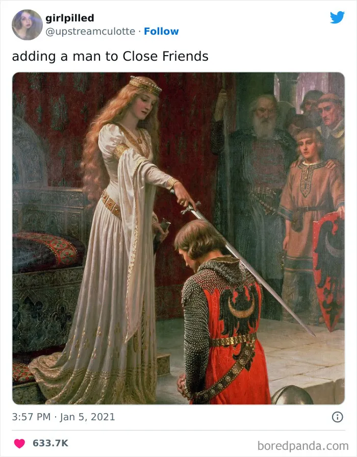 Medieval painting humorously depicts adding a man to close friends, fitting friendship memes theme.