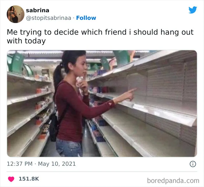 Person humorously choosing among empty shelves, symbolizing friendship choices.
