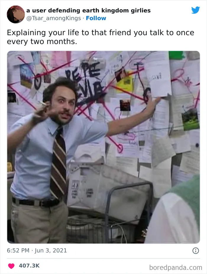 Man gesturing at a wall of conspiracy notes, illustrating friendship meme humor.