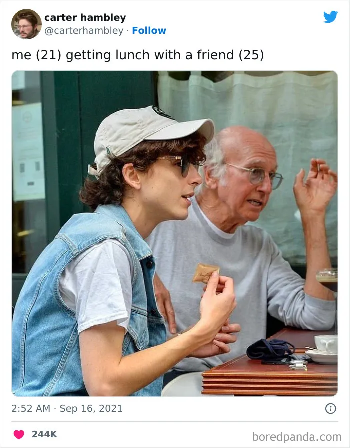 Two friends sharing a meal, highlighting a humorous age difference joke.