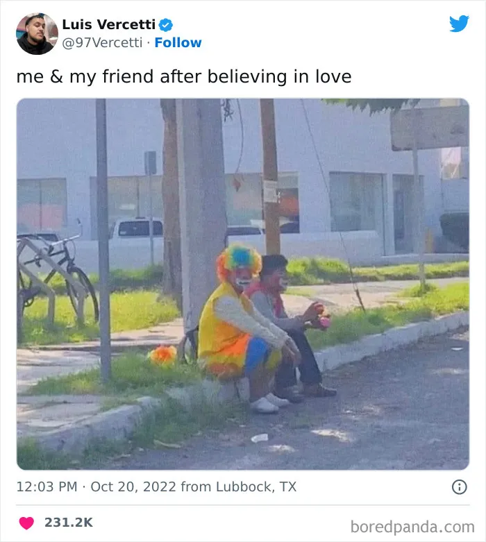 Two friends in colorful outfits sitting outdoors, capturing a humorous friendship moment.
