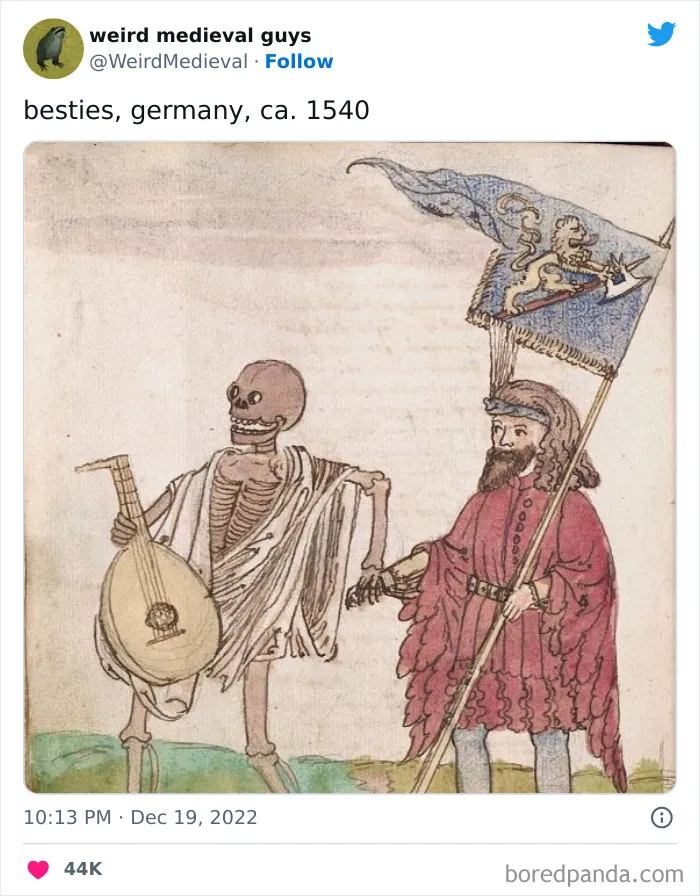 Medieval illustration of friendship, with a skeleton and a man holding hands, Germany, circa 1540.