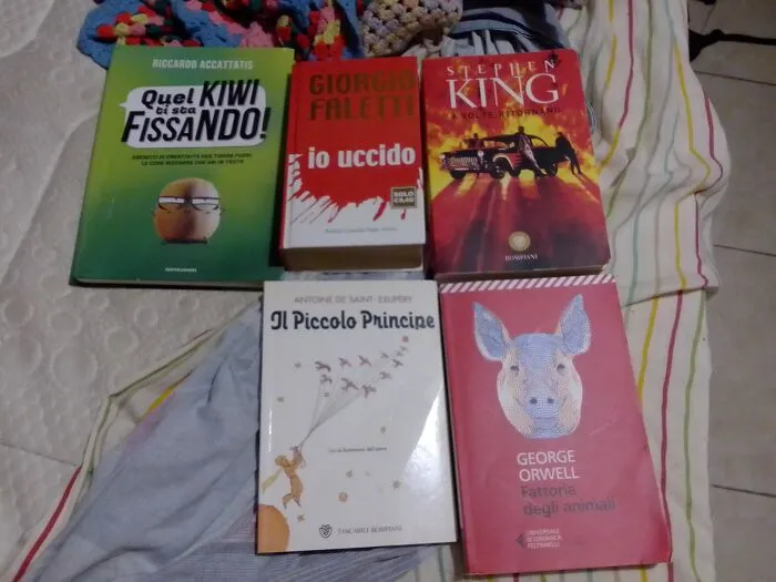 My Babies! (From Left To Right: That Kiwi Is Staring At You, By Riccardo Accattatis, I Kill By Giorgio Faletti, Night Shift By Stephen King, The Little Prince By Antoine De Saint-Exupéry, Animal Farm By George Orwell) My All-Time-Favourites Are Rage By Stephen King And The Cloven Viscount By Italo Calvino