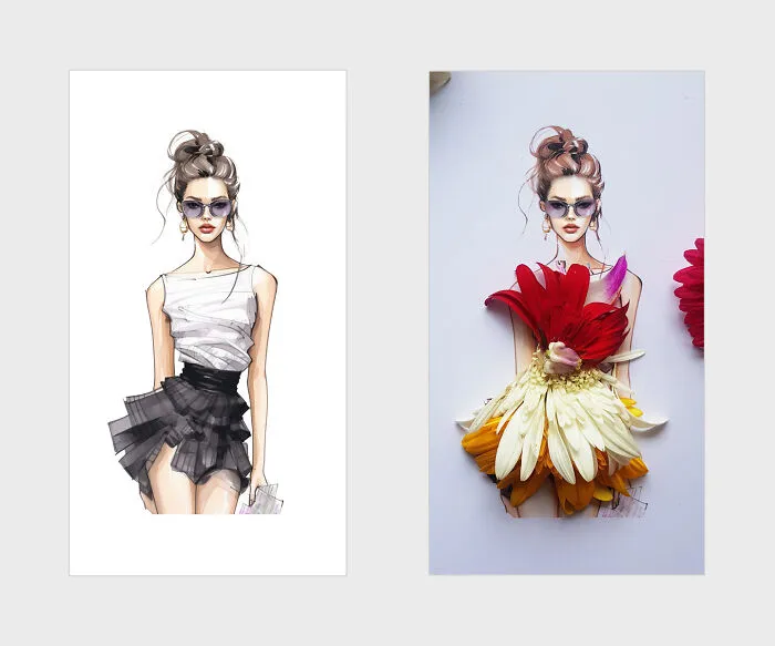 A Mesmerizing Ensemble Featuring A Top And Short Skirt Crafted From An Array Of Multicolored Orchid Petals