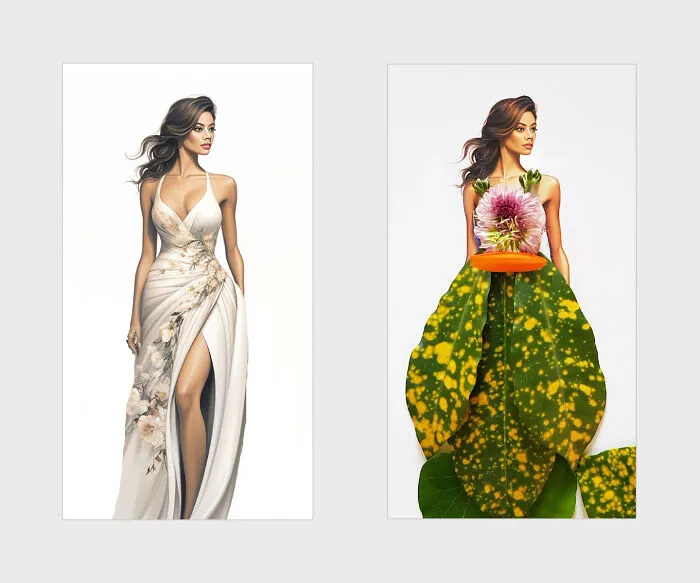 A Stylish Gown With A Skirt Adorned In Dotted Leaves, Paired With  Daisy Flower Top