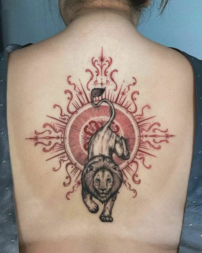 Red Ink Leo Back Tattoo