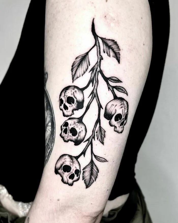 Skull Cherries Upper Arm Tattoo