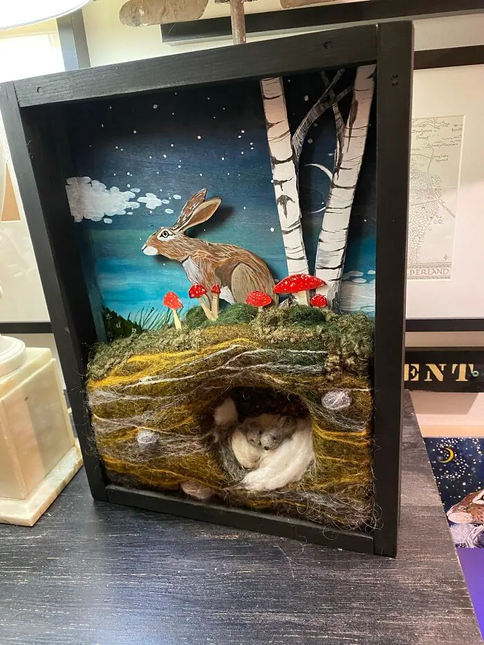 A Shadowbox Crafted From Illustrated And Needle Felted Elements From Birchwood Fine Art