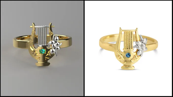 Venti Lyre, Genshin Impact Ring. Render (Left) vs. Real (Right)