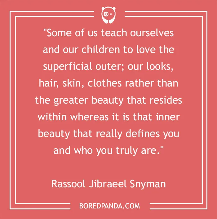 Quote about inner beauty by Rassool Jibraeel Snyman on a red background from Bored Panda.