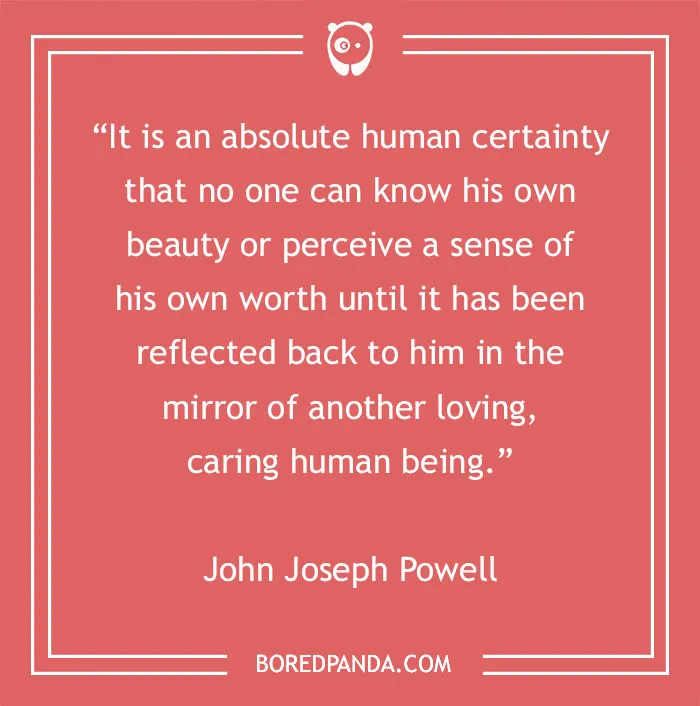 Inspirational quote about beauty by John Joseph Powell on a red background, featuring a panda logo from Bored Panda.