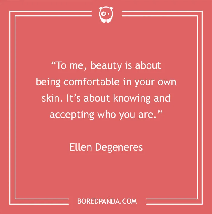 Quote about beauty and self-acceptance by Ellen Degeneres on a red background from BoredPanda.