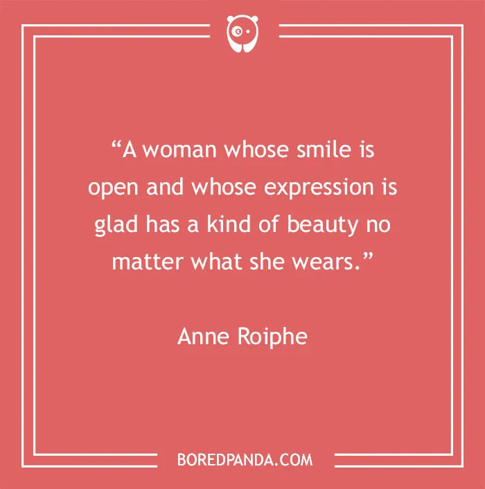 Beauty quote by Anne Roiphe about the power of a smile and expression on a coral background.