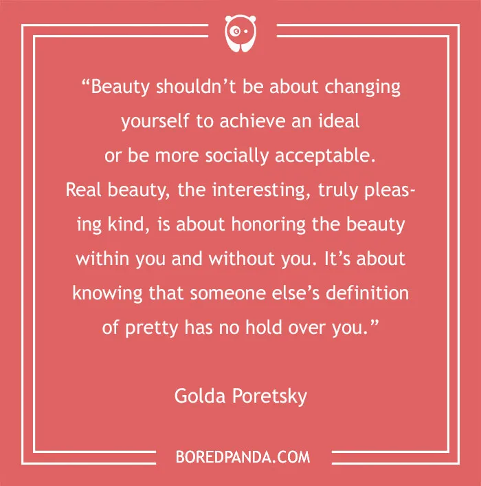 Quote about beauty from Golda Poretsky on a pink background.