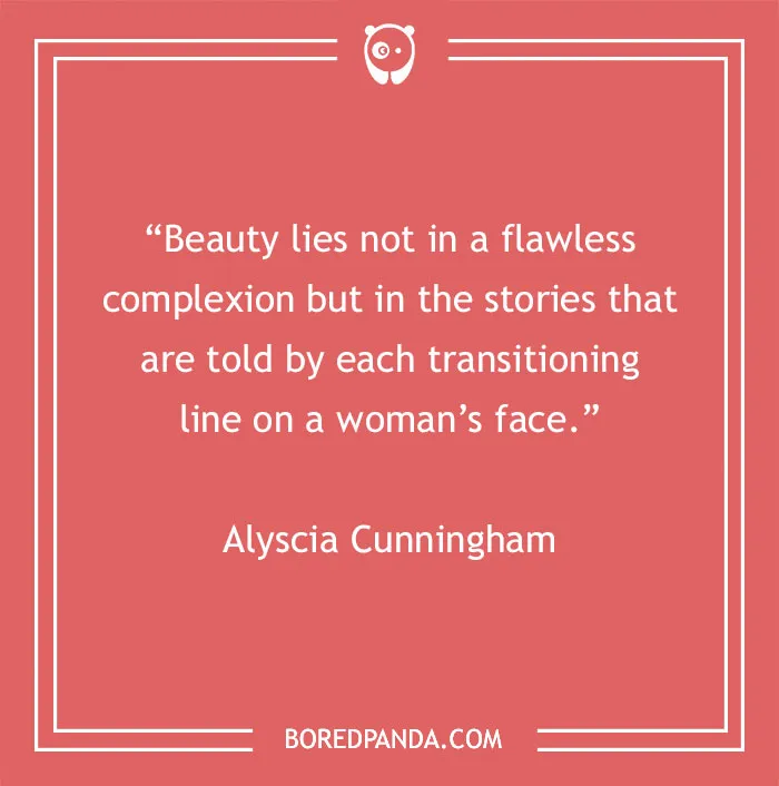Beauty quote by Alyscia Cunningham on a red background with a decorative frame.