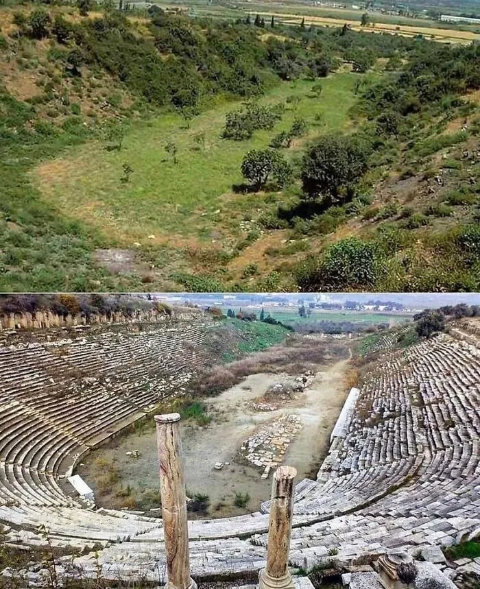 The Before And After Of The Excavation Of The Ancient Greek Stadium Of Magnesia Ad Maeandrum , Located In Modern Day Aydin , Turkey