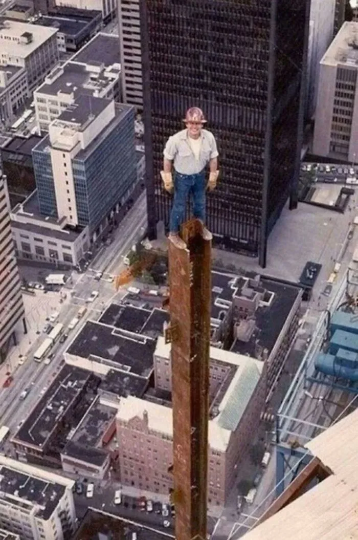 An Ironworker Poses For The Camera During Construction Of The Columbia Tower , Seattle , 1984