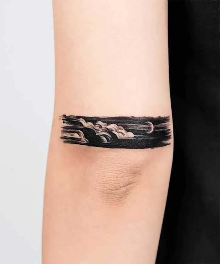 Clouds And Moon Cover Up Elbow Tattoo