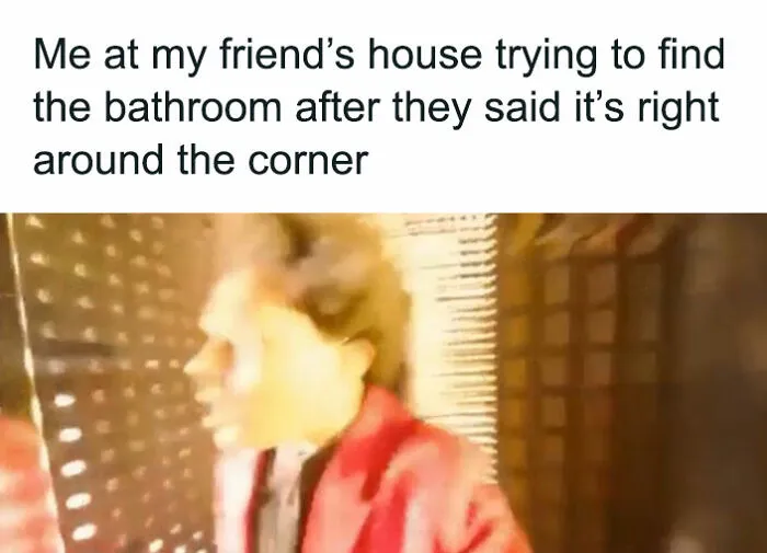 Blurred figure searching in a hallway, representing a friendship meme moment.