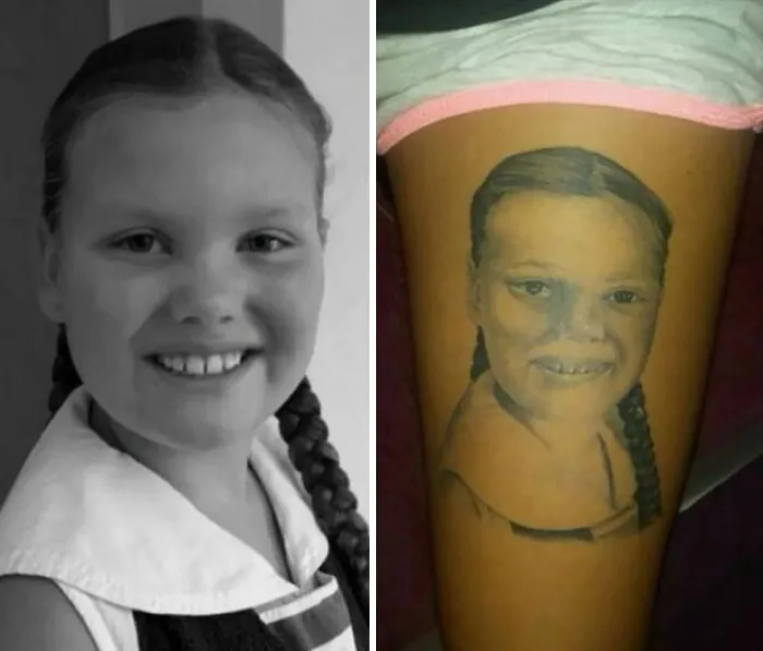 Child's photo beside a tattoo attempt, illustrating a common tattoo mistake.