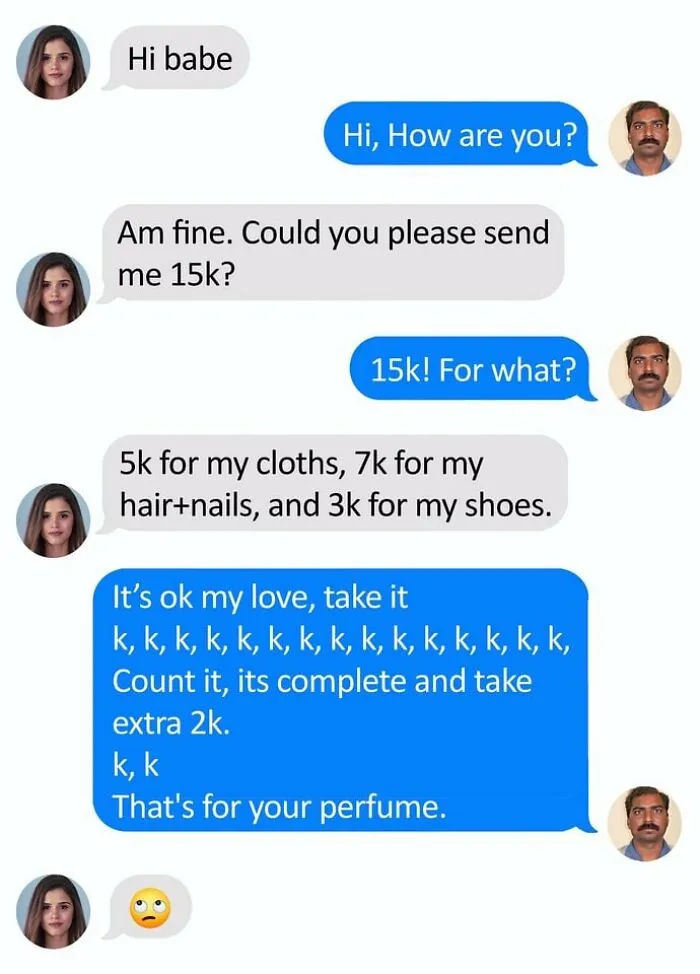 Text conversation showing Xavier humorously responding to a money request, using "k" creatively as currency.