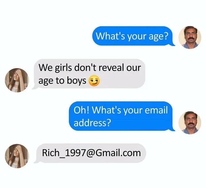 Chat conversation with hilarious reply from "Xavier" about age and email address.
