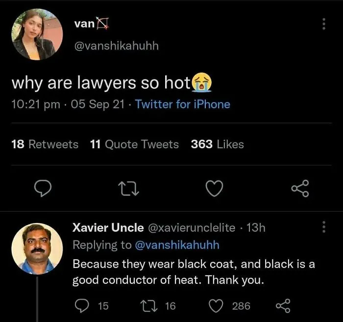 Xavier's witty reply to a tweet about why lawyers are "hot" receives humorous attention.