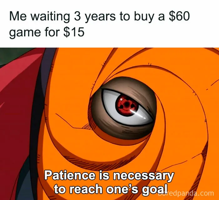 Anime character with a swirling orange mask symbolizes relatable gaming memes about waiting for game price drops.