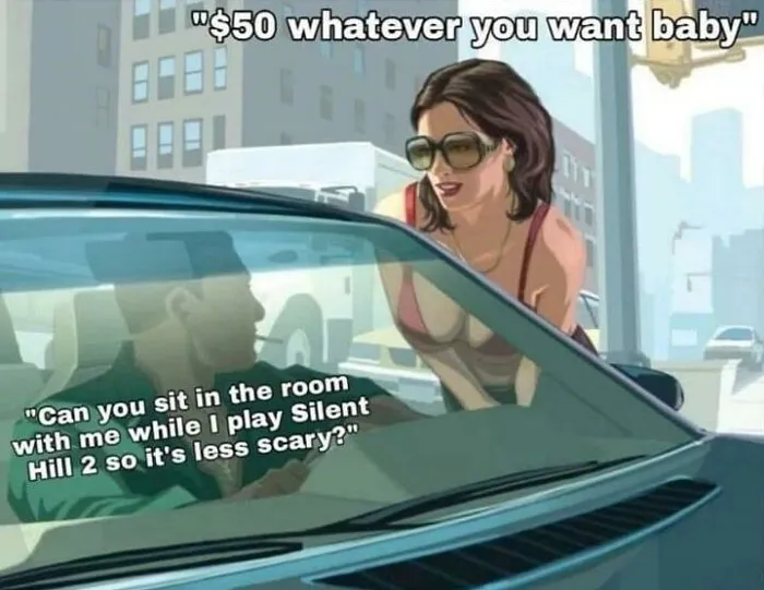 Gaming meme showing a woman and a driver discussing playing Silent Hill 2 to reduce fear.