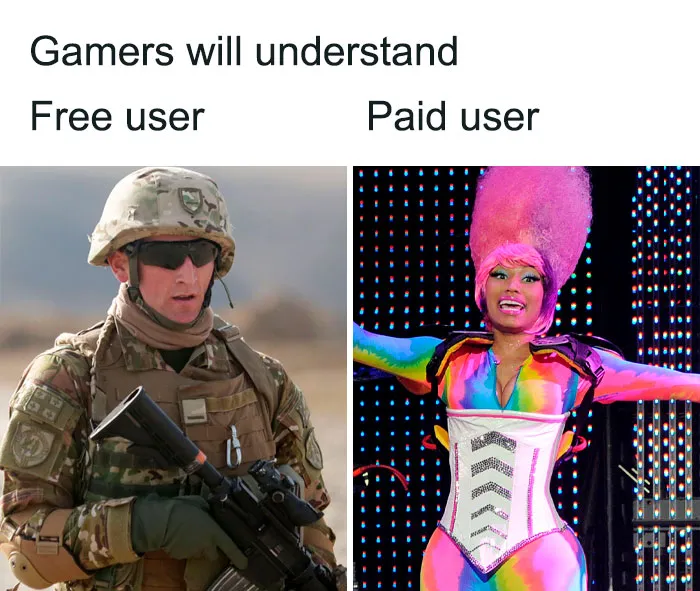 Gaming meme comparing free and paid users with contrasting outfits.