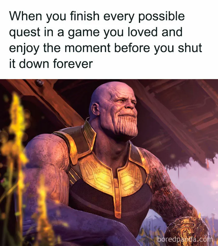 Character relaxing outdoors, captioned with a relatable gaming meme about finishing every quest in a beloved game.