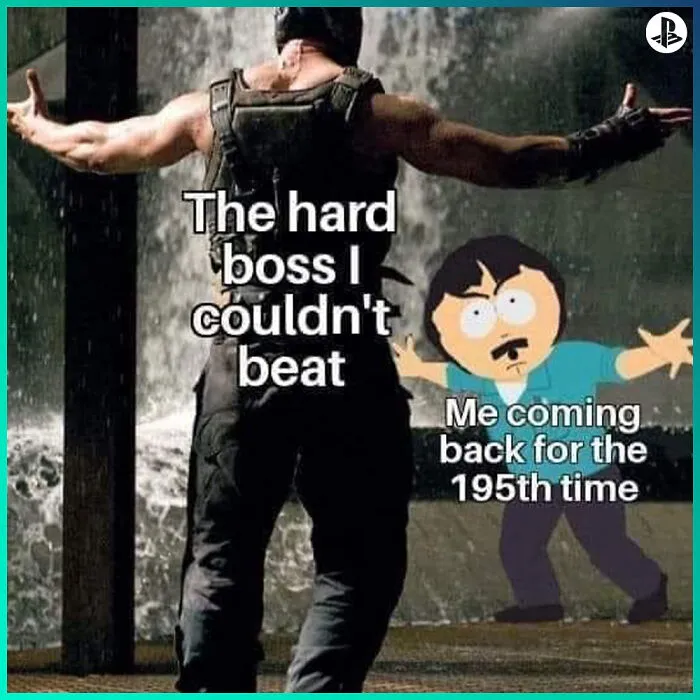 Gamer facing a challenging boss, with a character repeatedly trying again, illustrating relatable gaming moments.