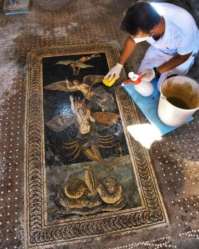 Taking Care Of The Extraordinary "Mosaico Di Orione" (Orion Mosaic) From The Late II Bc - Early I Bc.  This Amazing Piece Of Art Is Located In The “House Of The Orion”, Pompeii. The “House Of Orion” Survived With Much Of Its Interior Preserved